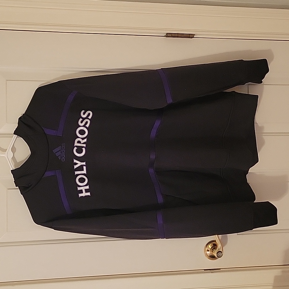 Men's Adidas Holy Cross Hoodie. Size L. Black. white & grey and purple accents.